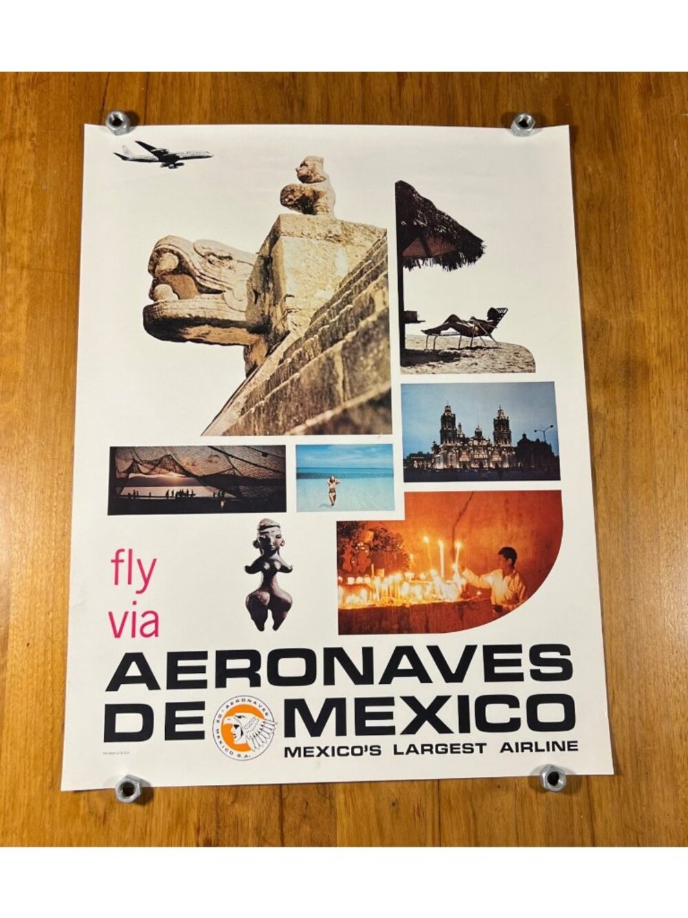 1960s Mexico Aeronaves De Mexico Original Travel Poster VTG Rare 28-1/2"x22" B